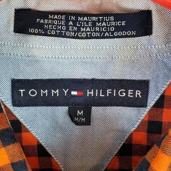 Tommy Hilfiger Button Down Shirt Long Sleeve Orange Blue Check Men's Size M - Picture 3 of 11